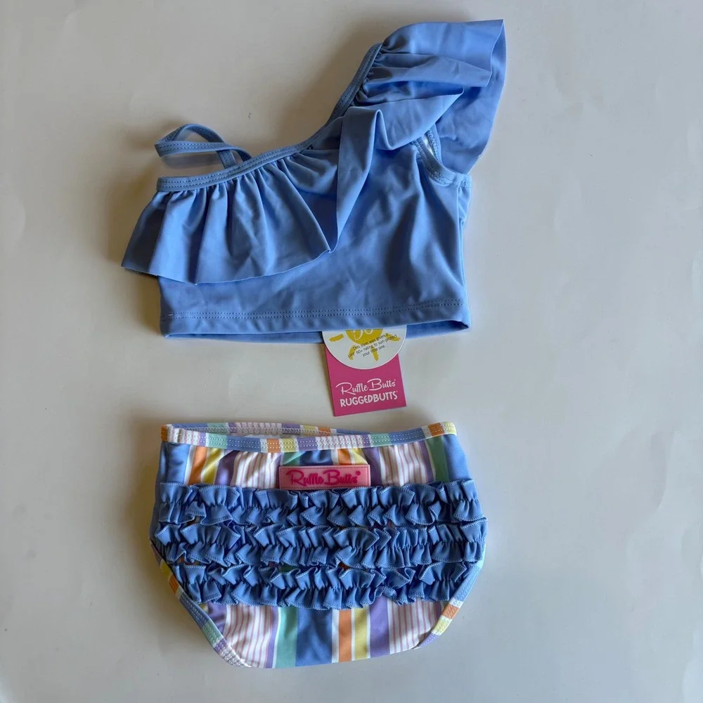 Rufflebutts Infant Girls 12-18M Rainbow‎ Lane Stripe One Shoulder Ruffle Tankini